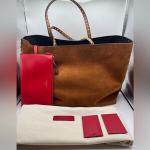 Valentino Rockstud Cognac Brown Suede and Leather Tote bag with pouch.